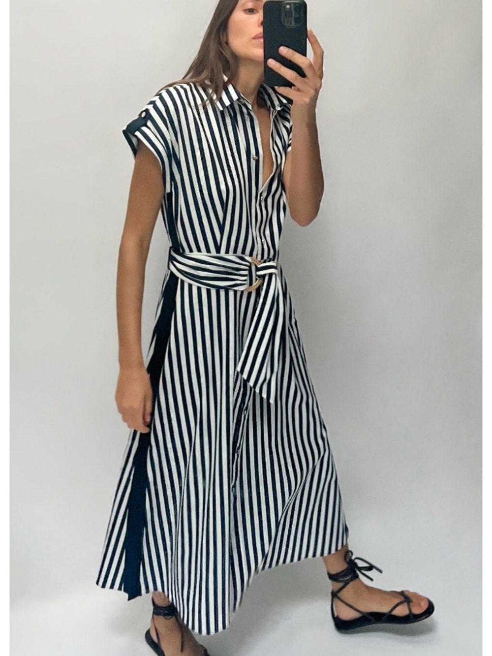 Zara Striped Linen Blend Midi Nautical Coastal Shirtdress Size Medium